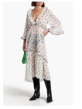 GANNI Ruffled Polka-Dot Chiffon Midi Dress Size M New with Tags